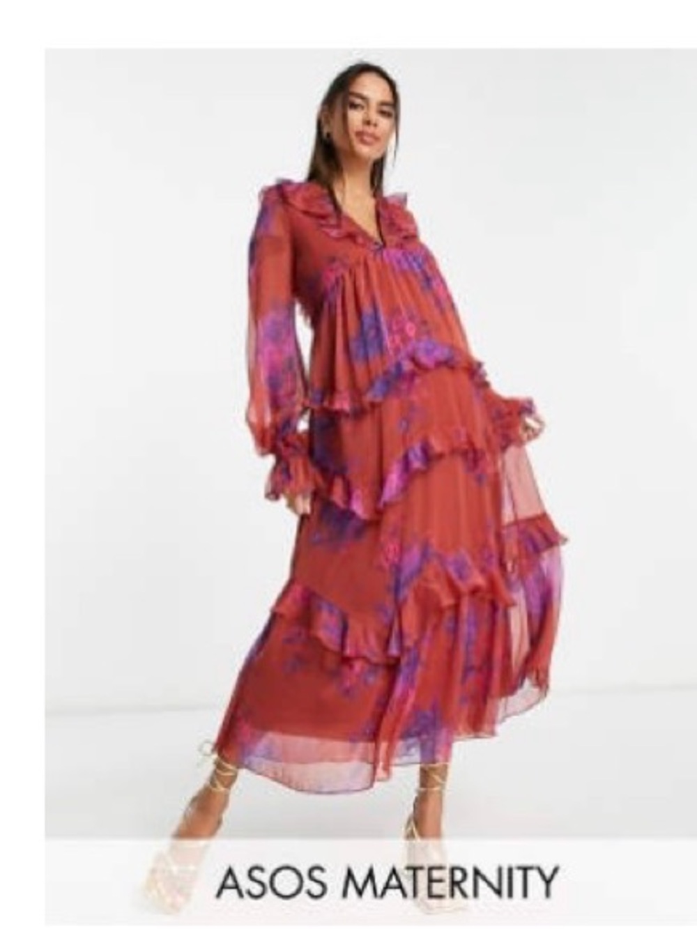 ASOS Maternity Red Floral Tiered Ruffle Maxi Dress size 4